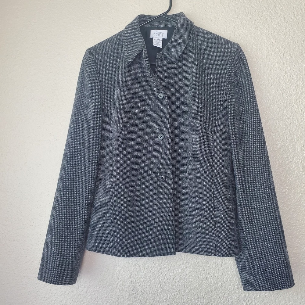 Ann Taylor LOFT Grey Wool Silk Blend Tweed Blazer Jacket Size 4 Style 58153